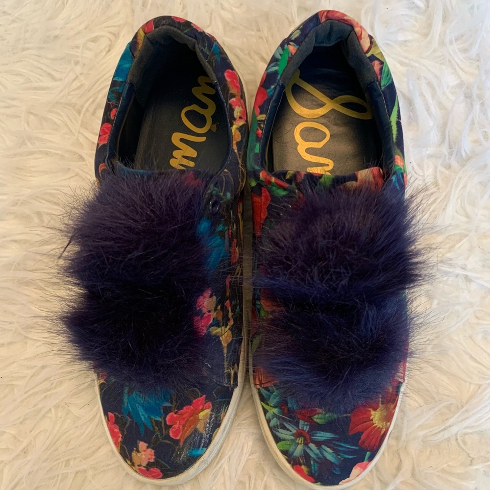Womens Sam Edelman navy pom pom floral pull on shoes sz 10 .